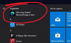 微软在开始菜单里针对火狐等用户推送广告推荐Microsoft Edge浏览器