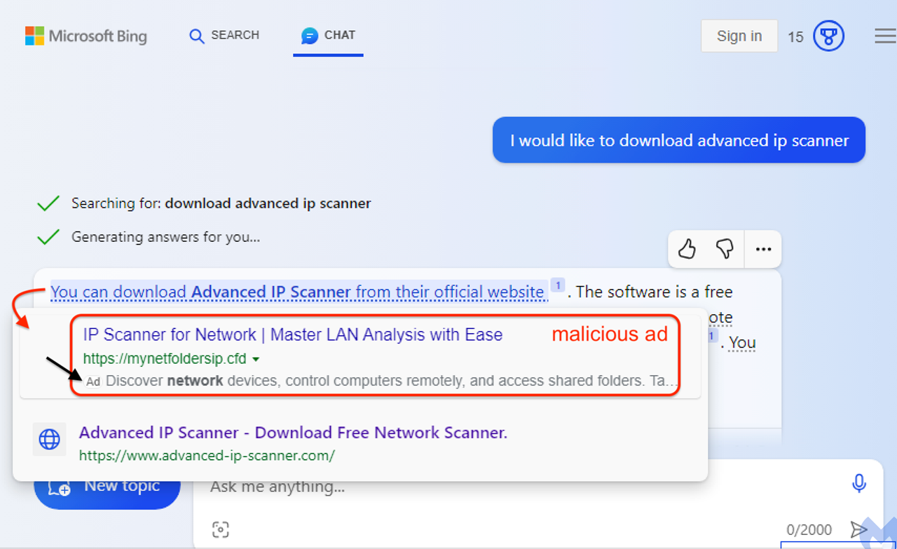 传统艺能！Bing Chat里也出现钓鱼网站广告 不过看起来是个错误 – 蓝点网