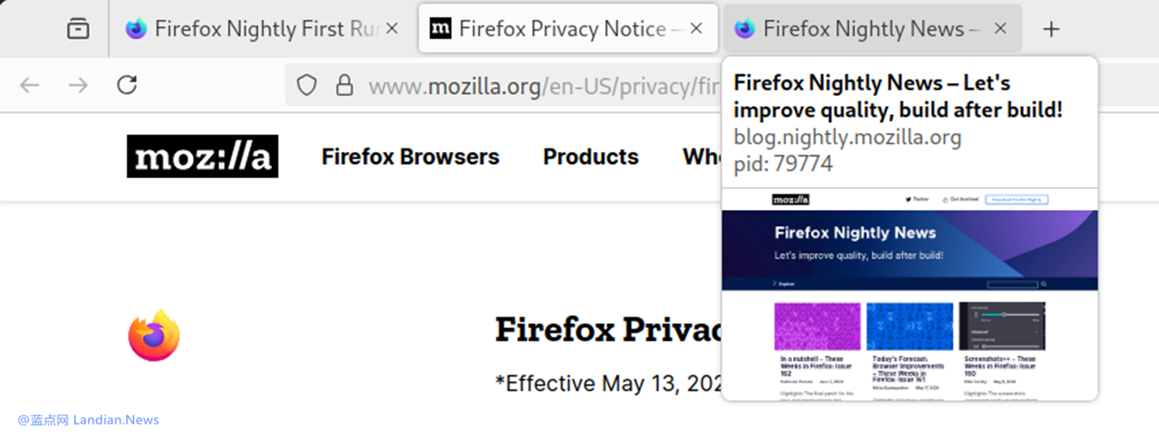 火狐浏览器终于要支持选项卡预览功能 现已在Firefox Nightly中测试