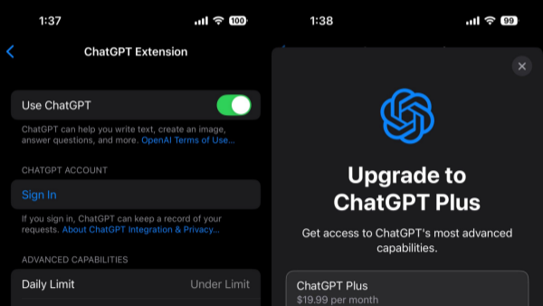 苹果在iOS 18.2中新增ChatGPT限额查看 引导用户开通ChatGPT Plus订阅