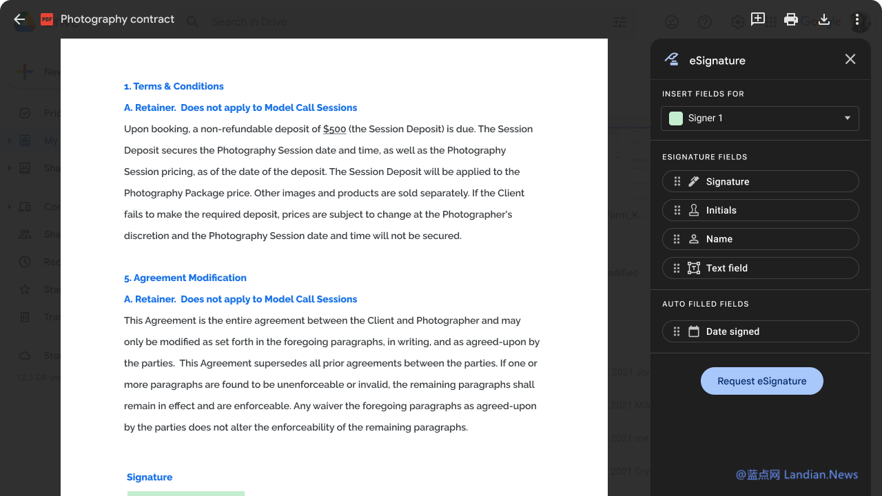 谷歌云端硬盘(Google Drive)现已支持PDF电子签名 发起请求签名后即可固化