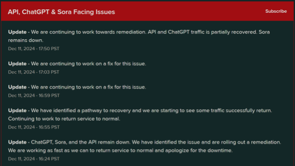 OpenAI ChatGPT和Sora等服务出现重大故障 持续近3小时后Sora尚未恢复