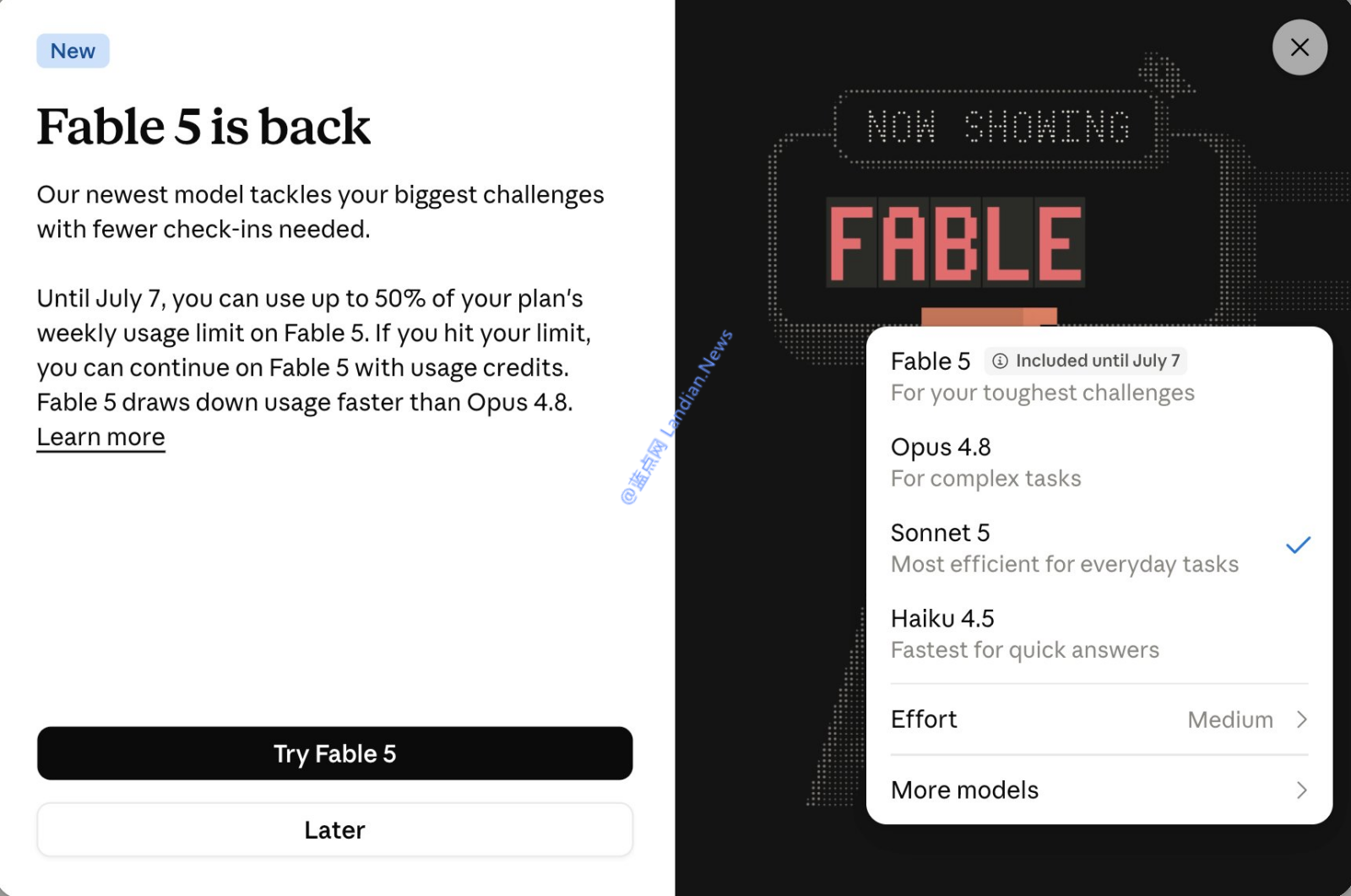 Claude订阅用户完成额度重置:可以在7月7日前在订阅内使用Fable 5(最高50%)