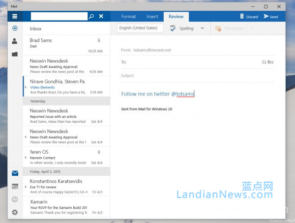 [画廊]Windows 10 Build 10051：Outlook邮件应用多图预览 [来源：蓝点网 地址：https://www.landian.vip]