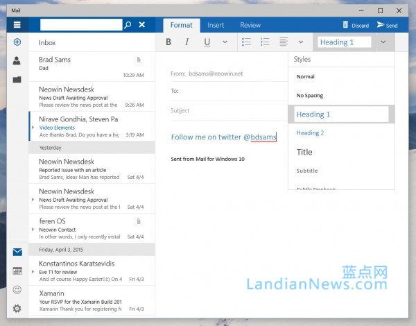 [画廊]Windows 10 Build 10051：Outlook邮件应用多图预览 [来源：蓝点网 地址：https://www.landian.vip]