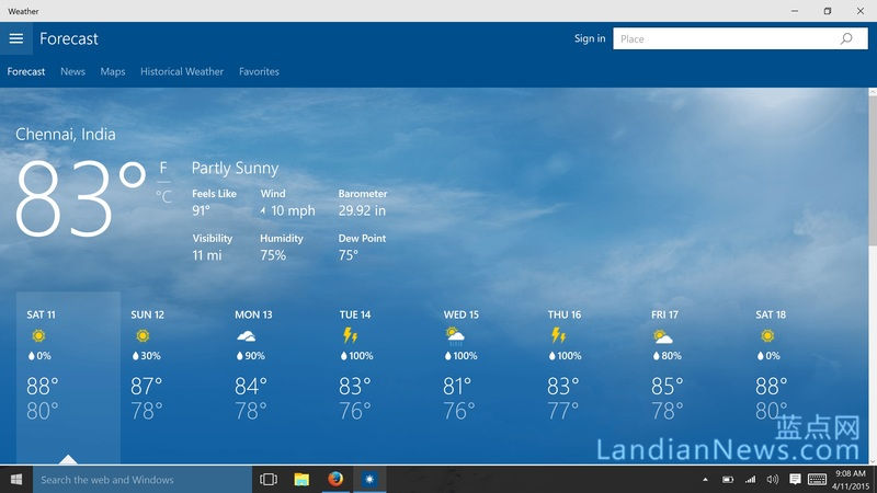 Windows 10 Build 10056添加了全新的天气应用 [来源：蓝点网 地址：https://www.landian.vip]