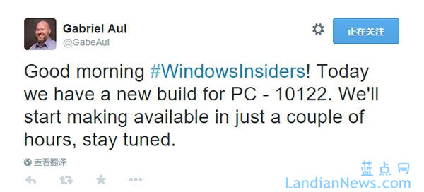 Windows 10 Build 10122版将在几个小时后开始推送